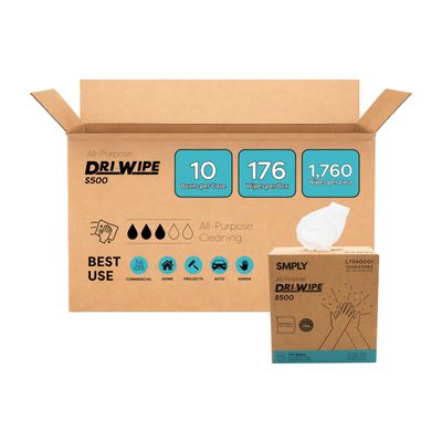 Dri-Wipe S500 by SMPLY Brands  All-Purpose Disposable Wipes, 10 Boxes of 176 (1,760 Total Wipes), Strong Alternative to Shop Towels & Paper Towels, 8" x 12" Center-Pull Sheets