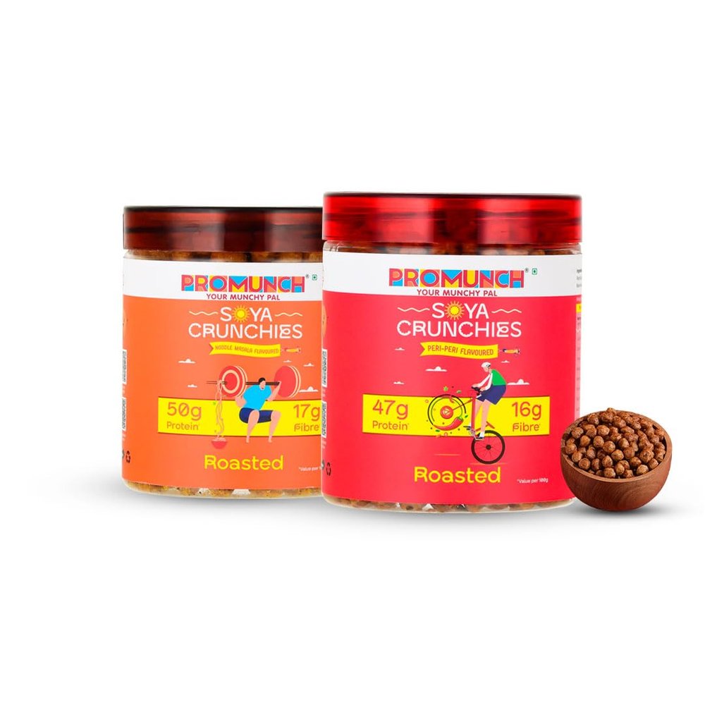PROMUNCH Roasted Soya Snack | Vegan | High-Protein | Healthy | Gluten-Free | Pack of 2, Flavour: Peri-Peri and Noodle Masala - 150G Each