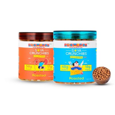 PROMUNCH Roasted Soya Snack | High-Protein | Healthy | Gluten-Free | Pack of 2, Flavour: Noodle Masala and Cheese & Onion - 150G Each