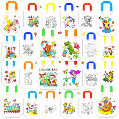 24 Pieces Cute Coloring Goodie Bags Birthday Reusable Party Favor Bags Cartoon Carnival Animals Craft Bags Color Your Own Bag for DIY Painting Birthday Party Gifts or Art Party Favors Supplies