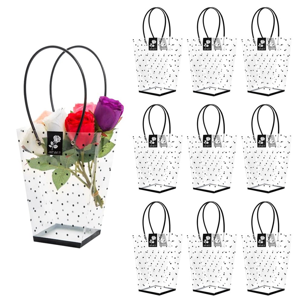 10pcs Clear Flower Bouquet Bags With Handle Dots Florist Shop Transparent Gifts Bag Presents Packaging Supplies for Wedding Birthday Anniversary Christmas Mothers Day Baby Shower Party Black Dots