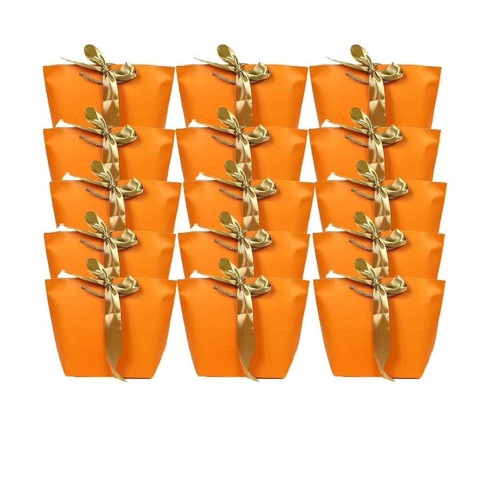 SEIWEI 15PCS Paper Gift Bags with Handle, Party Favor Bag Bulk with Bow Ribbon, Party Bags Bulk for Birthday, Wedding, Party Favour, Present Wrap-Orange