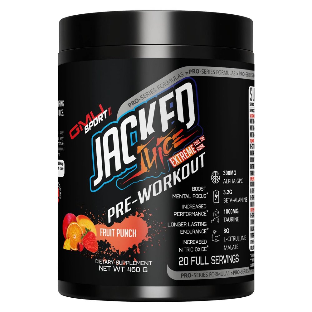 GMU SPORT Jacked Juice Pre Workout | Explosive Energy, Focus & Muscle Pumps | 8g Citrulline Malate, 3g Creatine, Beta Alanine, Alpha-GPC | 250mg Caffeine | 40 Servings Fruit Punch