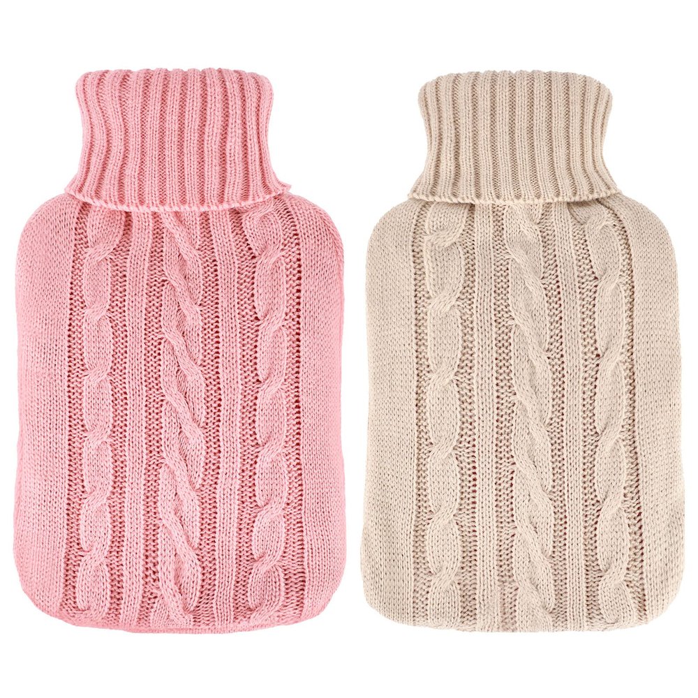 2 Pieces Hot Water Bottle Cover Soft Cover Only Knitted Hot Water Bottle Sweater for Winter Compress and Cold Therapy, Menstrual Cramps, Neck, Shoulder Pain Relief(Pink, Khaki)