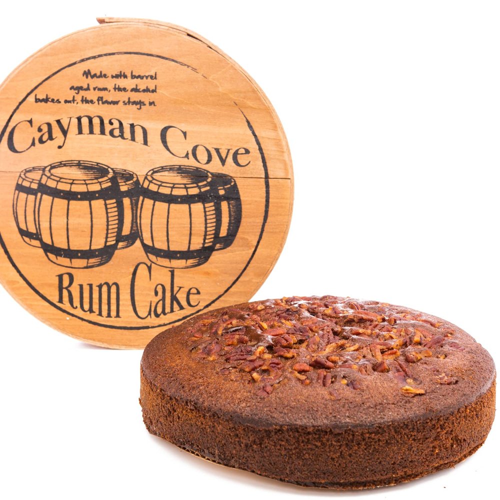 Adam Matthews Baking, Cayman Cove Barrel Rum Cake, Buttery, Moist, Brown Sugar Cake made with Barrel Aged Spiced Rum, Nutmeg, Vanilla, Pecans (10oz, Wood Barrel Container/Box Included)