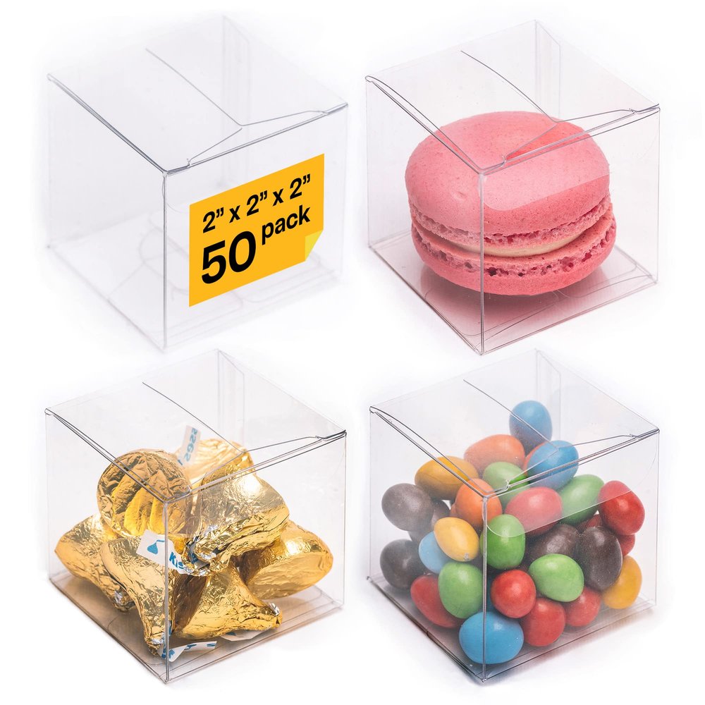Decvel 2x2x2 inches Clear Favor Boxes (50 Pack) - Plastic Clear Boxes for Treats, Mini Gift, Small Candy - Macaron Box - Wedding, Party Favor Box