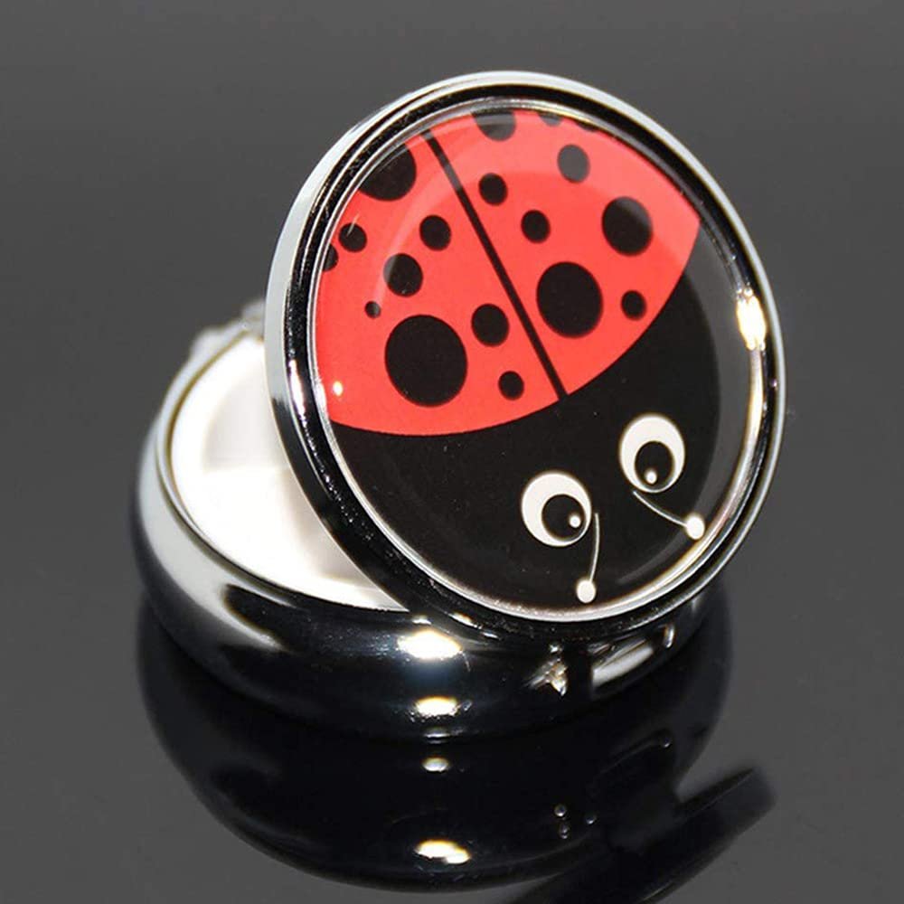 2PCS Round Mini Portabler Stainless Steel Pill Box Case Pocket 2 inches Medicine Tablet Holder Organizer Case for Purse -Compact 3 Compartment(Ladybug)