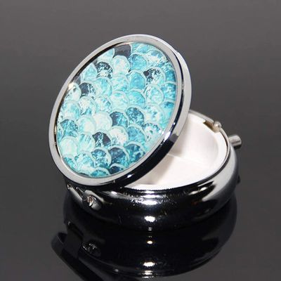 1PCS Round Mini Portabler Stainless Steel Pill Box Case Pocket 2 inches Medicine Tablet Holder Organizer Case for Purse -Compact 3 Compartment(Gradually Blue Fish Scale Pattern)