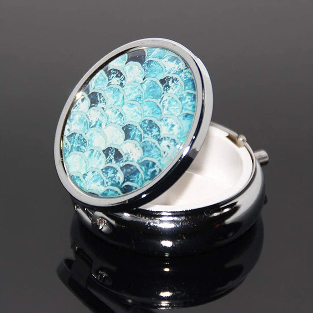 1PCS Round Mini Portabler Stainless Steel Pill Box Case Pocket 2 inches Medicine Tablet Holder Organizer Case for Purse -Compact 3 Compartment(Gradually Blue Fish Scale Pattern)