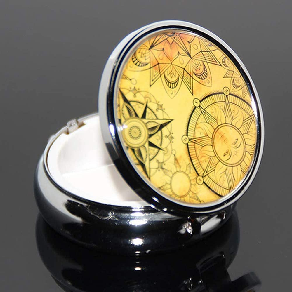 2PCS Round Mini Portabler Stainless Steel Pill Box Case Pocket 2 inches Medicine Tablet Holder Organizer Case for Purse -Compact 3 Compartment(Yellow Retro Sun Pattern)
