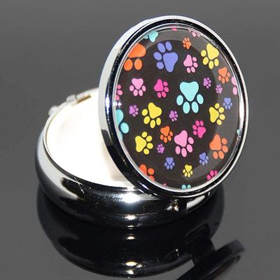 2PCS Round Mini Portabler Stainless Steel Pill Box Case Pocket 2 inches Medicine Tablet Holder Organizer Case for Purse -Compact 3 Compartment(Colorful Little Dog Footprints on Black)