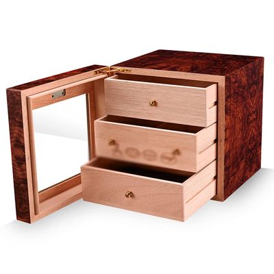 Humidor Three-Layer Cedar Wood Cigar Box Wooden Cigar Office Cigar Box with humidifier can Hold 50 Cigars