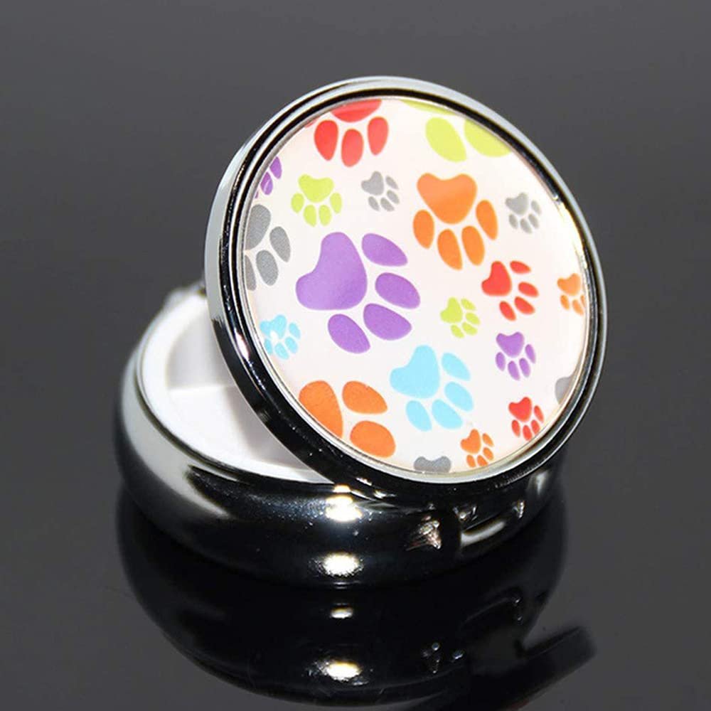 2PCS Round Mini Portabler Stainless Steel Pill Box Case Pocket 2 inches Medicine Tablet Holder Organizer Case for Purse -Compact 3 Compartment(Colorful Dog Footprints on White)
