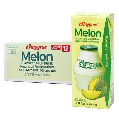 Binggrae Melon Flavored Milk Drink Sweet and Creamy Korean Shelf-Stable Beverage 6.8 fl oz Cartons Pack of 24