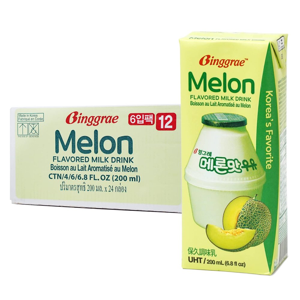 Binggrae Melon Flavored Milk Drink  Sweet and Creamy Korean Shelf-Stable Beverage  6.8 fl oz Cartons  Pack of 24
