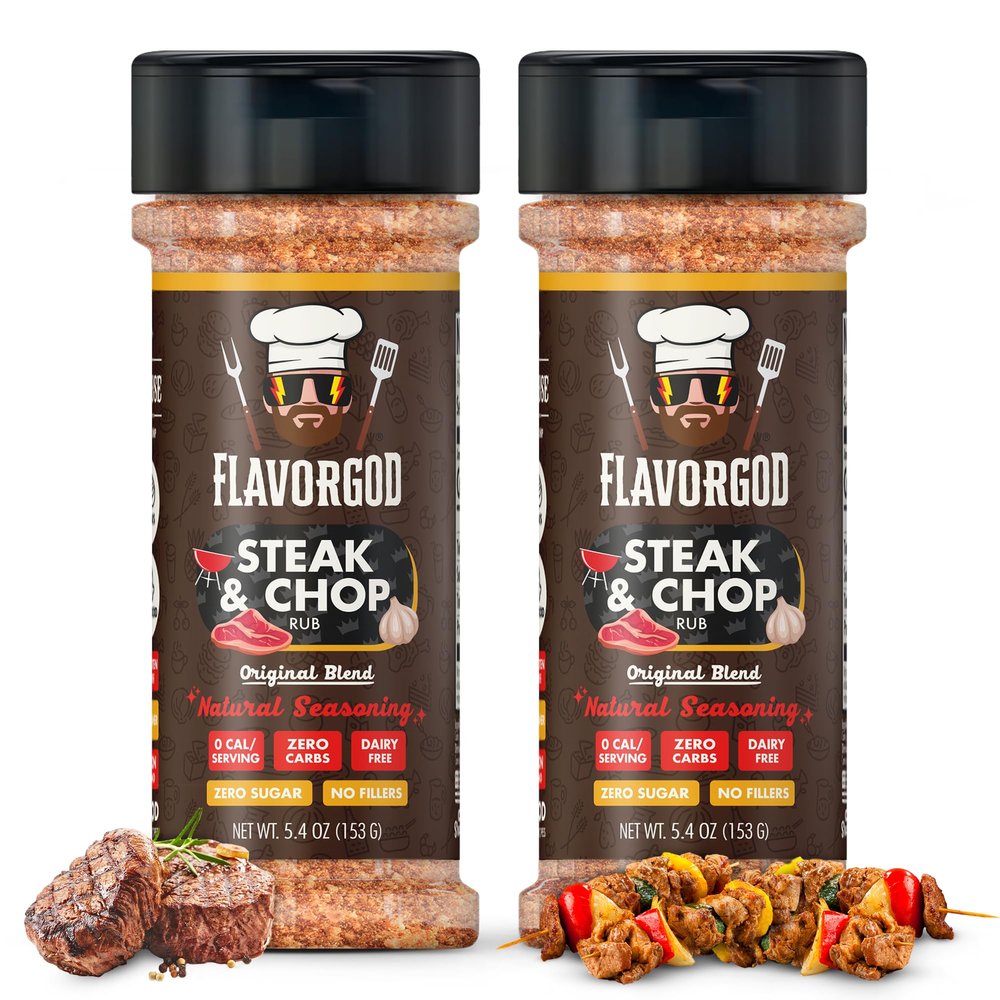 Steak & Chop Rub Seasoning Mix, 2 Bottles by Flavor God - Premium All Natural & Healthy Spice Blend for Beef, & Pork - Kosher, Zero Carbs, Gluten-Free & Vegan - Great Flavor Spices and Seasoning Gift