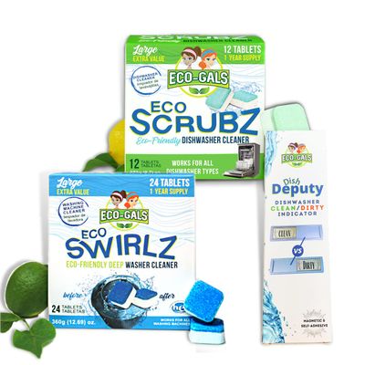 ECO-GALS Scrubz & Swirlz Washing Machine and Dishwasher Cleaner Bundle Unscented - 1 Year Supply Plus Dishwasher Magnet Organizer