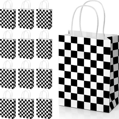 Gersoniel 24 Pieces Checkered Race Treat Bags White Black Checkered Bags Racecar Themed Candy Containers Plaid Kraft Paper Race Car Party Favors Shopping Goodies Pouches with Handle for Birthday