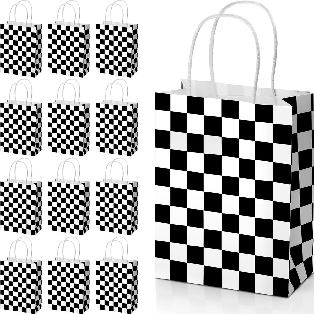 Gersoniel 24 Pieces Checkered Race Treat Bags White Black Checkered Bags Racecar Themed Candy Containers Plaid Kraft Paper Race Car Party Favors Shopping Goodies Pouches with Handle for Birthday
