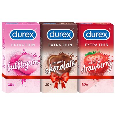 Durex Extra Thin Flavoured Condoms, 10s, Pack of 3 (Bubblegum + Chocolate + Strawberry)