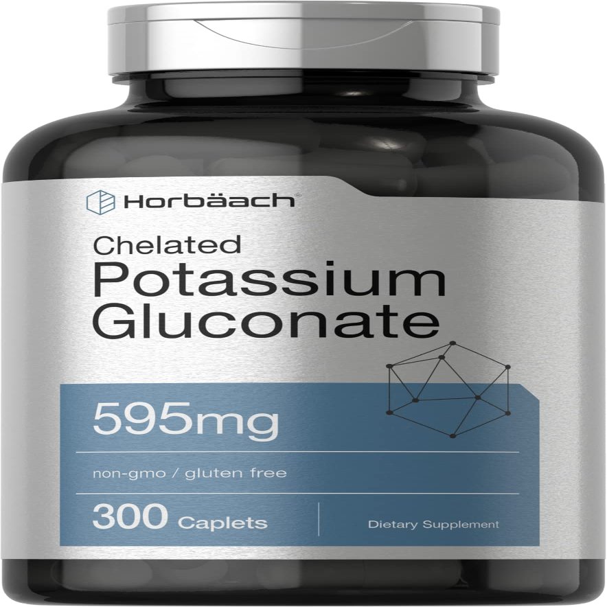 Horbach Chelated Potassium Gluconate Supplement | 595 mg | 300 Caplets | Vegetarian, Non-GMO, Gluten Free