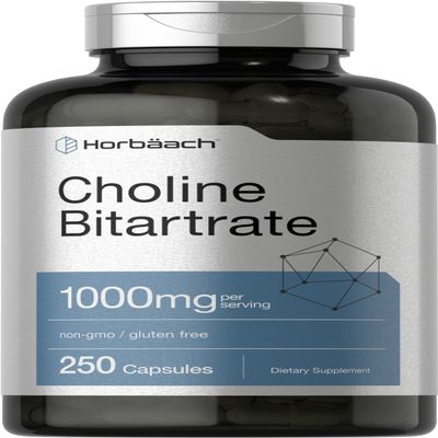 Horbaach Choline Bitartrate Supplement | 1000mg | 250 Capsules | High Potency | Non-GMO, Gluten Free