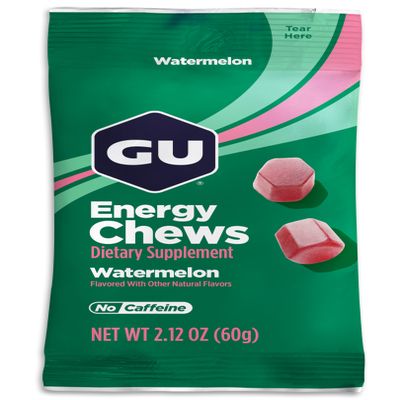 GU Energy Chews, Watermelon Energy Gummies with Electrolytes, Vegan, Gluten-Free, Kosher, Caffeine-Free, and Dairy-Free On-The-Go Energy for Any Workout, 12 Bags (24 Servings Total)