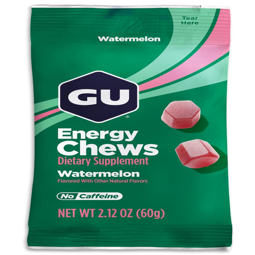 GU Energy Chews, Watermelon Energy Gummies with Electrolytes, Vegan, Gluten-Free, Kosher, Caffeine-Free, and Dairy-Free On-The-Go Energy for Any Workout, 12 Bags (24 Servings Total)