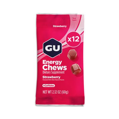 GU Energy Chews, Strawberry Energy Gummies with Electrolytes, Vegan, Gluten-Free, Kosher, 20 mg of Caffeine, and Dairy-Free On-the-Go Energy for Any Workout, 12 Bags (24 Servings Total)