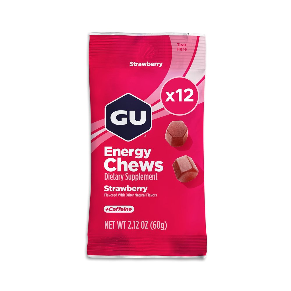 GU Energy Chews, Strawberry Energy Gummies with Electrolytes, Vegan, Gluten-Free, Kosher, 20 mg of Caffeine, and Dairy-Free On-the-Go Energy for Any Workout, 12 Bags (24 Servings Total)