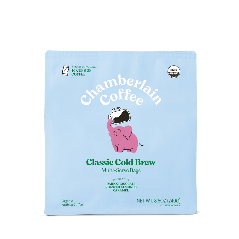 Chamberlain Coffee Organic Cold Brew Large Coffee Bags Medium Roast - Premeasured, Ready to Brew - Makes 4 Cups per Bag - Perfect for Iced Coffee, Convenient and Easy Brewing Experience - 8.5 oz