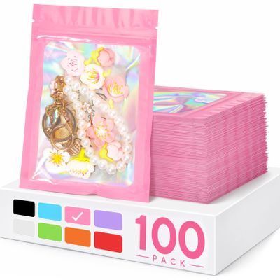 100 Pack Holographic Bags,Smell Proof Packaging Bags, Clear Window Resealable Odor Foil Pouch Mylar Bag for Food Storage and Lipgloss, Jewelry Lash (Pink, 4 x 6 Inch)
