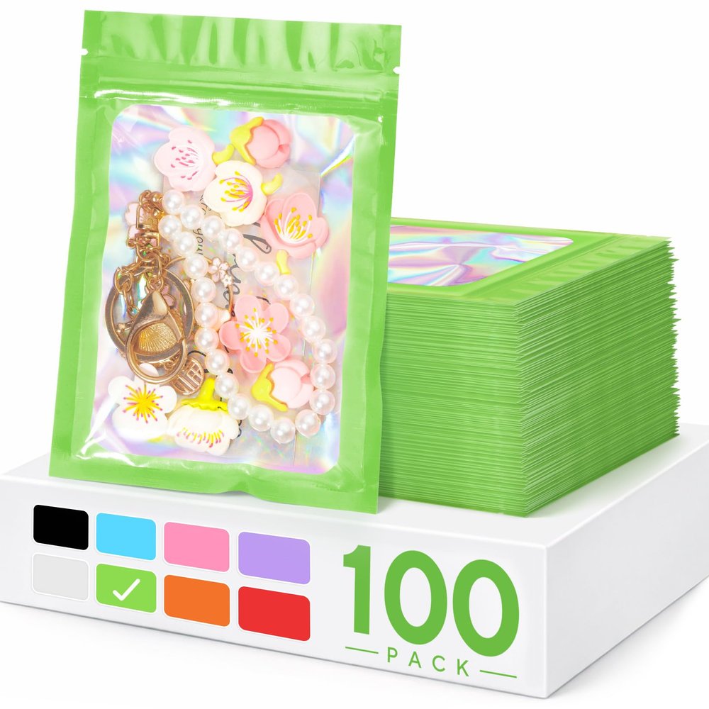 100 Pack Holographic Bags,Smell Proof Packaging Bags, Clear Window Resealable Odor Foil Pouch Mylar Bags for Food Storage and Lipgloss, Jewelry Lash (Green, 3 x 4.7 Inch)