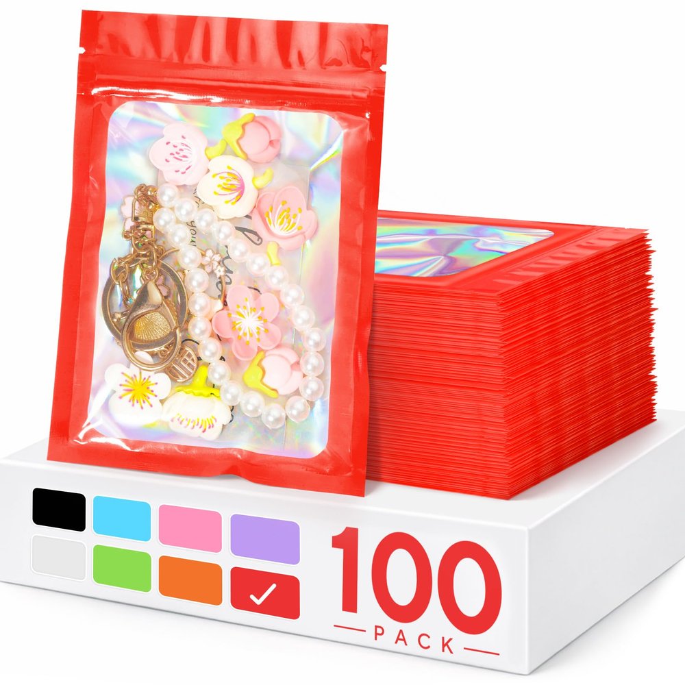 100 Pieces Smell Proof Mylar Bags, Holographic Packaging Bags, Resealable Odor Foil Pouch Zipper Bag with Clear Window for Food Storage and Lipgloss, Jewelry Lash (Red, 2.4 x 3.9 Inch)