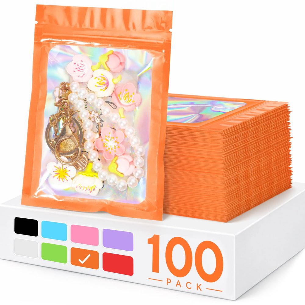 100 Pieces Smell Proof Mylar Bags, Holographic Packaging Bags, Resealable Odor Foil Pouch Zipper Bag with Clear Window for Food Storage and Lipgloss, Jewelry Lash (Orange, 3 x 4.7 Inch)