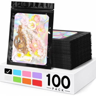 100 Pack Holographic Bags, Smell Proof Packaging Bags, Clear Window Resealable Odor Foil Pouch Mylar Bag for Food Storage and Lipgloss, Jewelry Lash (Black, 4.3 x 7.5 Inch)