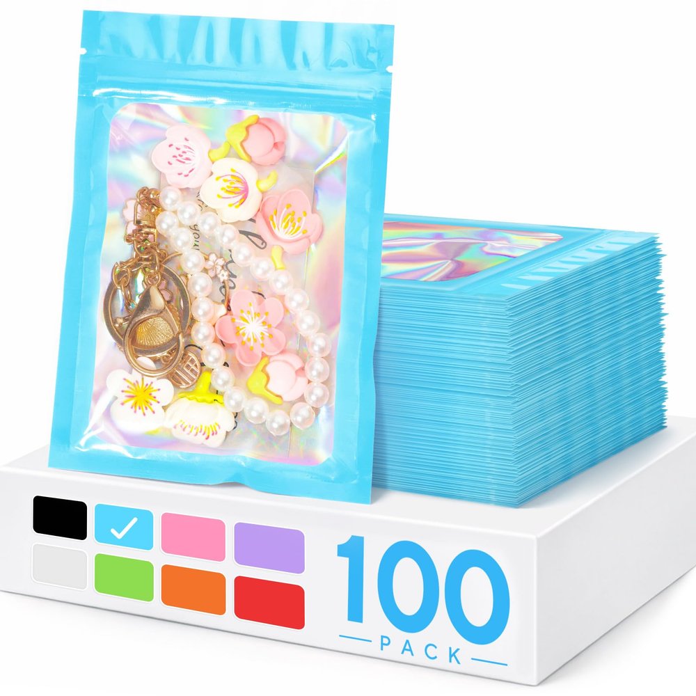 100 Pieces Smell Proof Mylar Resealable Bags, Holographic Packaging Bags, Resealable Odor Foil Pouch Zip Bag with Clear Window for Food Storage and Lipgloss, Jewelry Lash (Blue, 4.3 x 7.5 Inch)