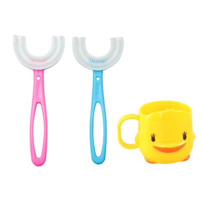 Goaupin 2 Pcs U-Shaped Manual Toothbrush for Kids(2-12Year), with a Toothbrushing Cup, U-Shape Portable Baby Food Grade Silicone Toothbrush ,Special Design for Toddlers/Children (B-2Pcs)