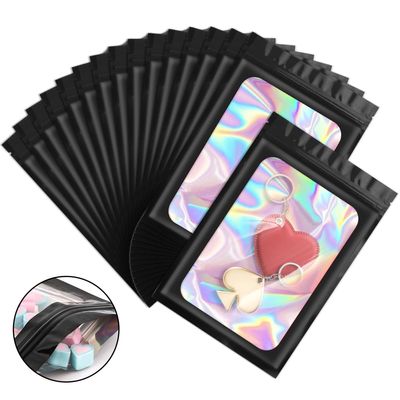 100 Pieces Smell Proof Mylar Bags, Holographic Packaging Bags, Resealable Odor Foil Pouch Zipper Bag with Clear Window for Food Storage and Lipgloss, Jewelry Lash(Black, 3.1 x 5.1 Inch)