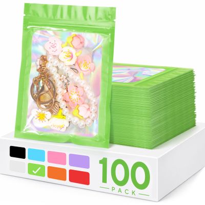 100 Pack Holographic Bags,Smell Proof Packaging Bags, Clear Window Resealable Odor Foil Pouch Mylar Bags for Food Storage and Lipgloss, Jewelry Lash(Green, 2.4 x 3.9 Inch)