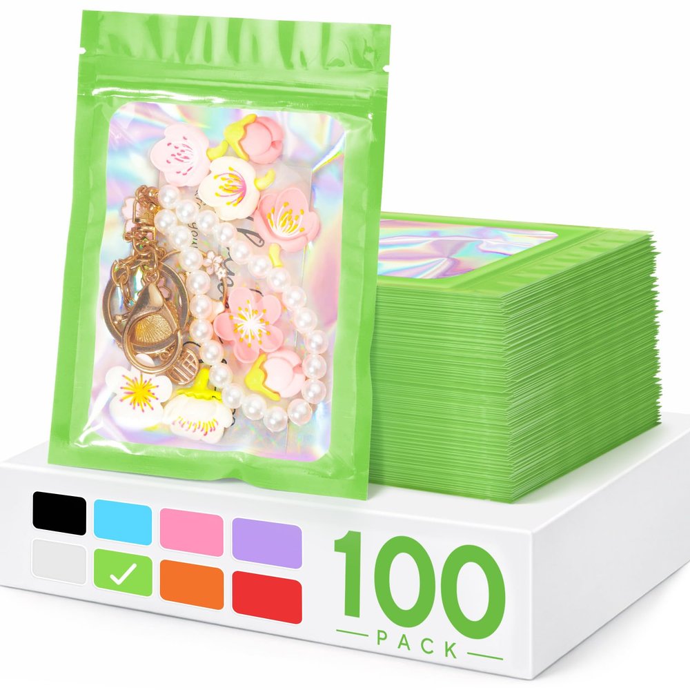 100 Pack Holographic Bags,Smell Proof Packaging Bags, Clear Window Resealable Odor Foil Pouch Mylar Bags for Food Storage and Lipgloss, Jewelry Lash(Green, 2.4 x 3.9 Inch)