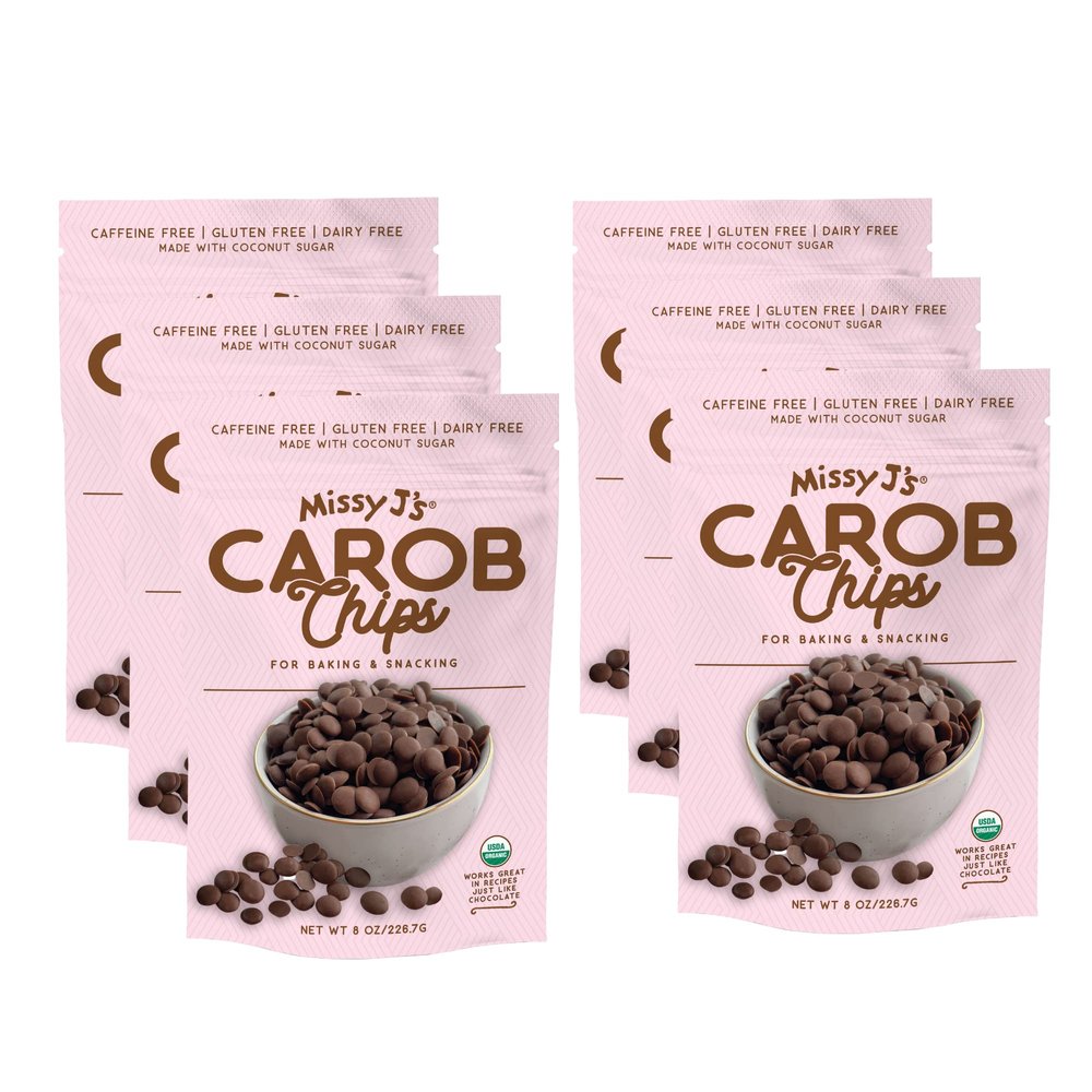 Missy J's Organic Carob Chips 8 Ounce 6 Pack, Made with Coconut Sugar, Vegan, Gluten and Caffeine Free, Healthy Substitute for Chocolate, Perfect for Snacks and Treats