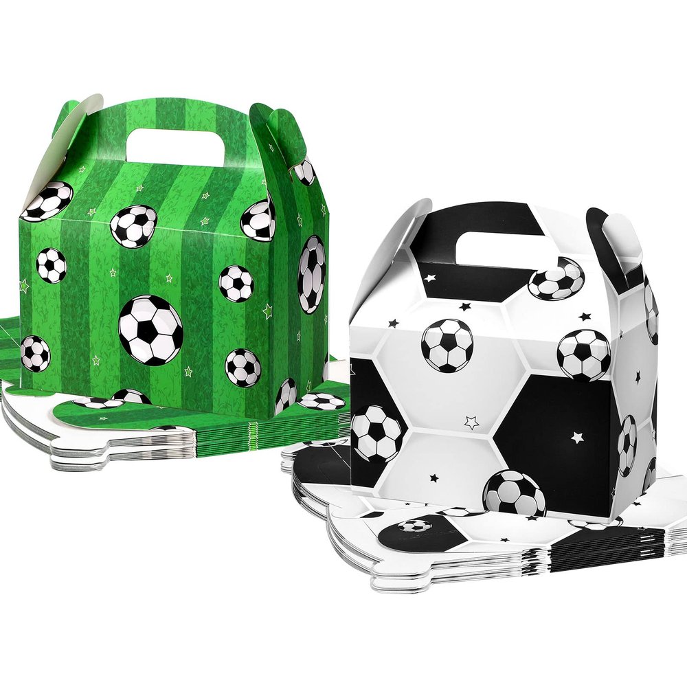 Outus 16 Pack Soccer Treat Boxes Soccer Candy Bags Birthday Party Favor Bags Goodie Paper Gift Cookie Boxes with Handle, 6 x 6 x 3.5 Inch