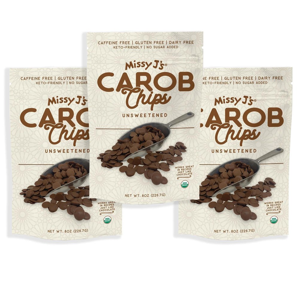 Missy Js Organic Unsweetened Carob Chips 8 oz | Vegan and Gluten-Free | Healthy Caffeine Free Chocolate Substitute for Baking and Snacking (3 Pack)
