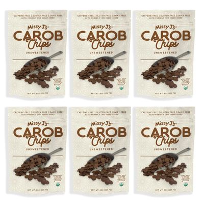 Missy J's Organic Unsweetened Carob Chips 8 oz | Vegan and Gluten-Free | Healthy Caffeine Free Chocolate Substitute for Baking and Snacking (6 Pack)