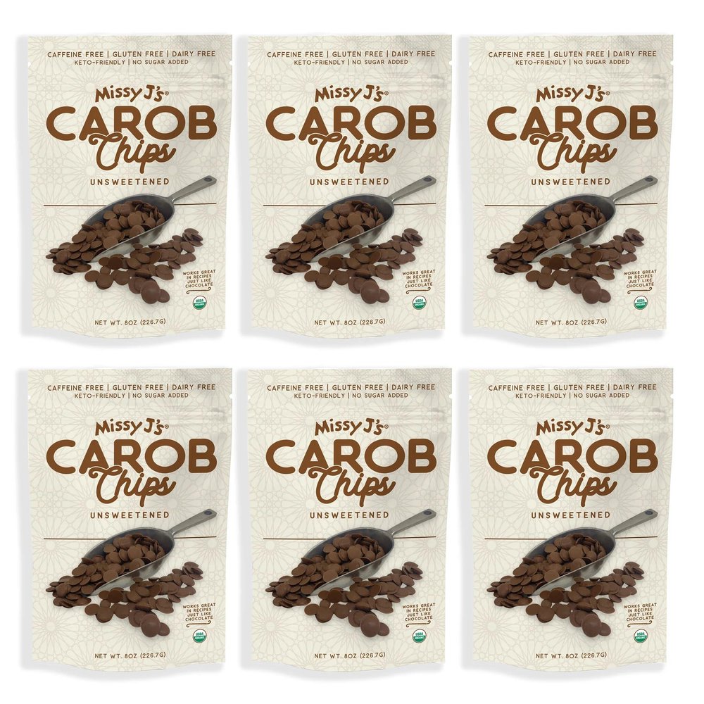 Missy J's Organic Unsweetened Carob Chips 8 oz | Vegan and Gluten-Free | Healthy Caffeine Free Chocolate Substitute for Baking and Snacking (6 Pack)