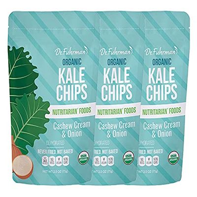 Dr. Fuhrman Organic Kale Chips Cashew Cream & Onion | Oil-Free Vegan Snack | No Salt Added, Non-GMO, Plant-Based Healthy Chips | 3 Pack
