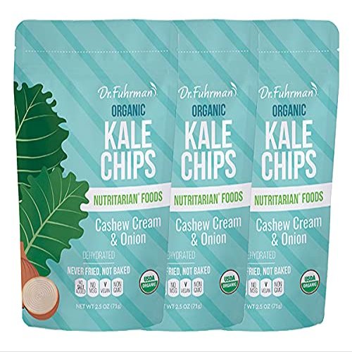 Dr. Fuhrman Organic Kale Chips Cashew Cream & Onion | Oil-Free Vegan Snack | No Salt Added, Non-GMO, Plant-Based Healthy Chips | 3 Pack