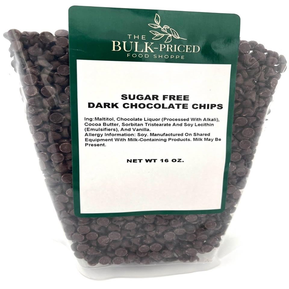 Sugar Free Dark Chocolate Chips, (1lb Resealable Zip Lock Bag)