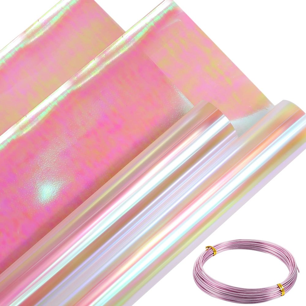 Marspark 39 x 138 Inch Iridescent Cellophane Wrap for Gift Baskets and 32.8 Feet Bendable Pink Aluminum Wire, Pink Iridescent Film Paper Holographic 11.5 Feet Wrapping Paper for DIY Crafts Treats